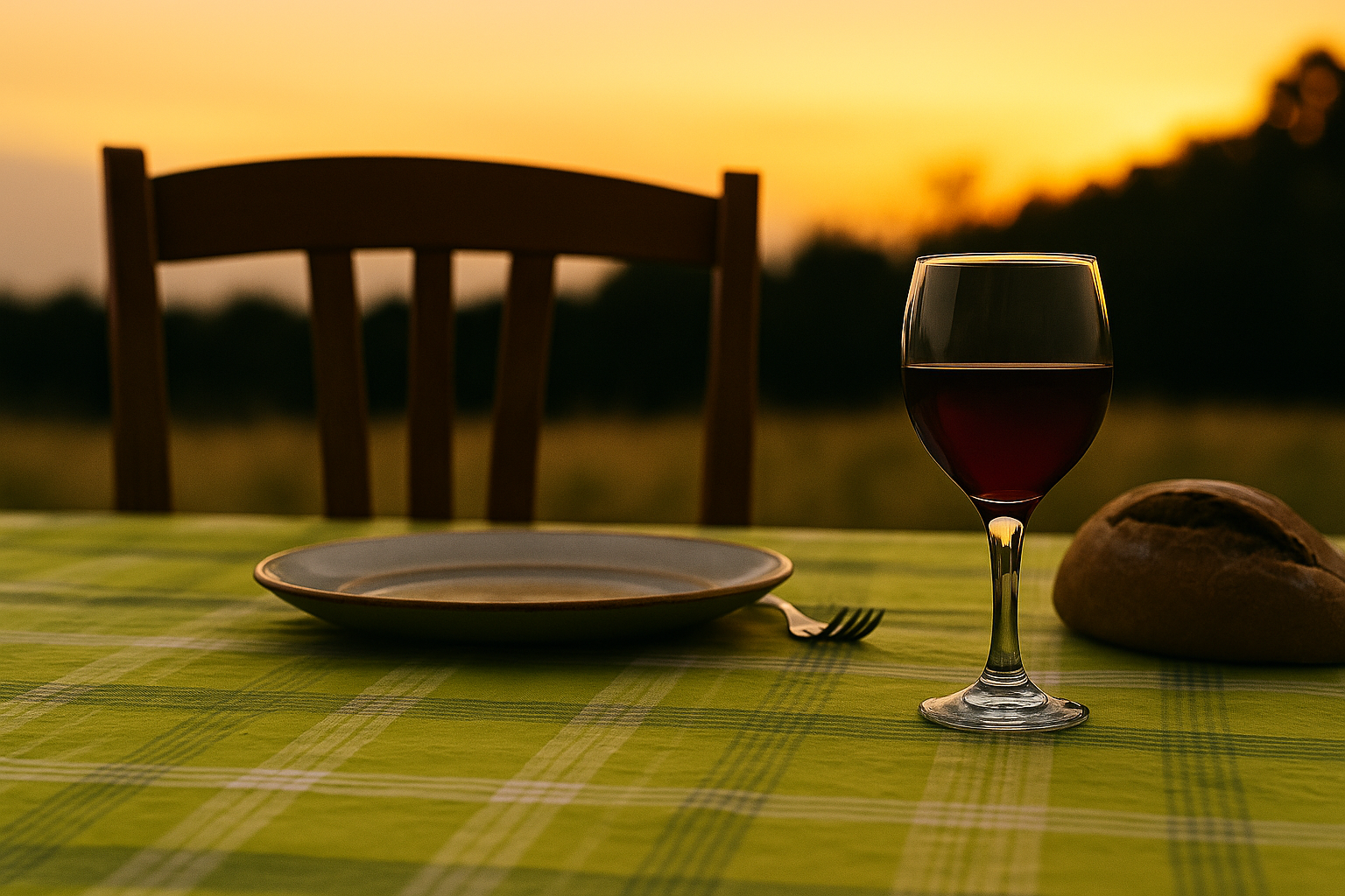 Tavolo rustico con piatto, bicchiere di vino e pane al tramonto, con sedia vuota